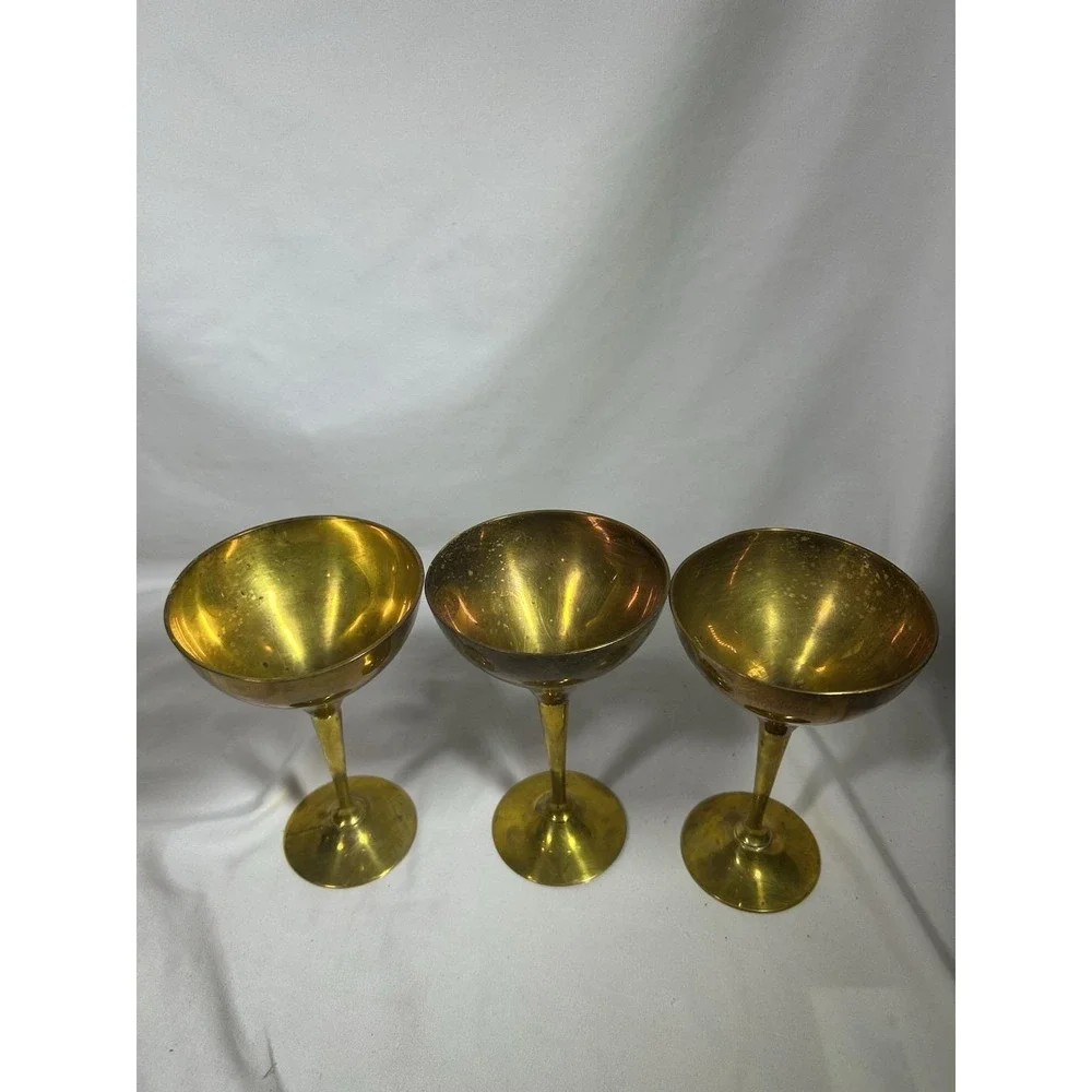 Vintage Set of 3 Brass Goblets Patina Wine Glasses Cups 6
